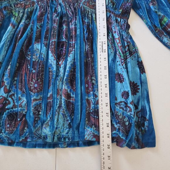 Y2K Fairy Grunge Shirt Womens 2XL Blue Paisley Velvet V Neck Tunic Stretch - Picture 4 of 10